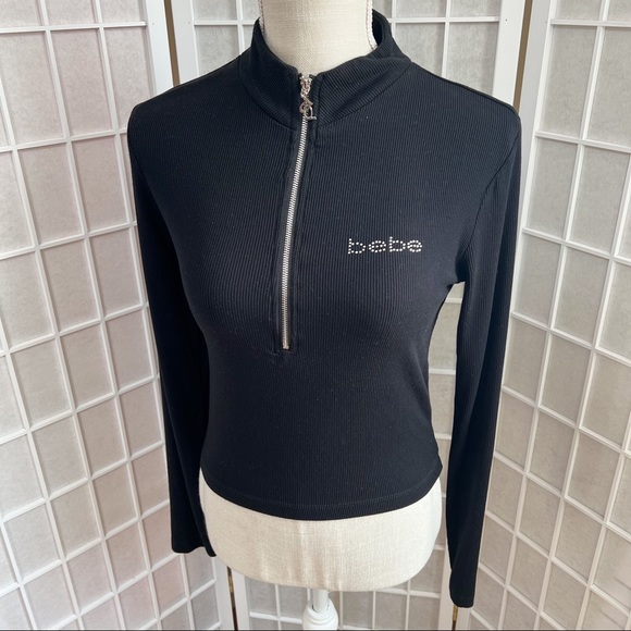 bebe Sweaters - Bebe Black Ribbed Half Zip Long Sweater Sweater | Rhinestone Logo Small Y2K